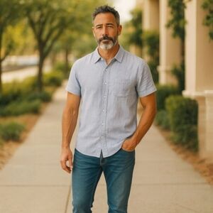 NWT THOM AARON SZ L Men's 100% Linen/European Flax Light Blue Short Sleeve Shirt